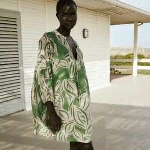 Zara Green Leaf Boho Flowy Mini Dress